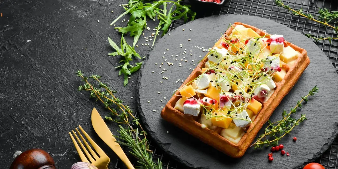 Gaufre salée garnie de fromage, de dés de mangue et de pousses, sur une ardoise noire.