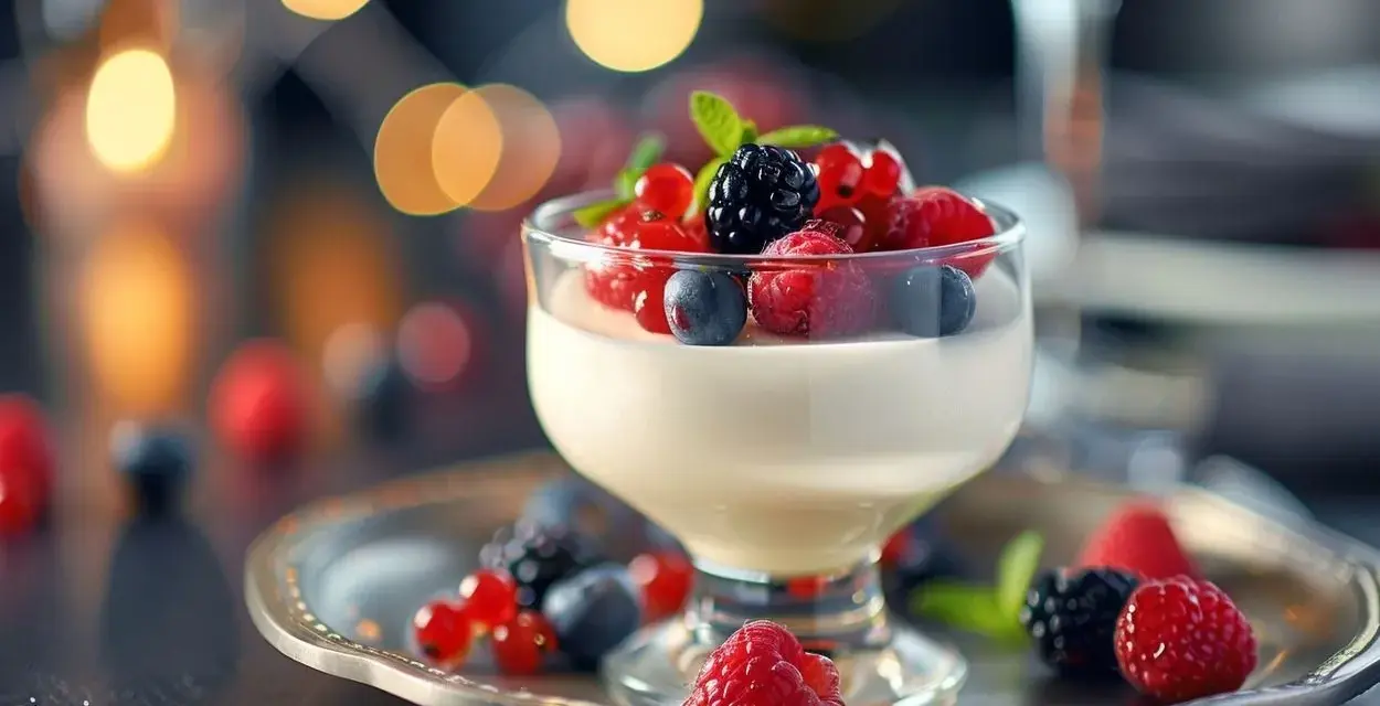 Délicieuse panna cotta crémeuse garnie de fruits rouges frais et d'une feuille de menthe, sur un plateau argenté.