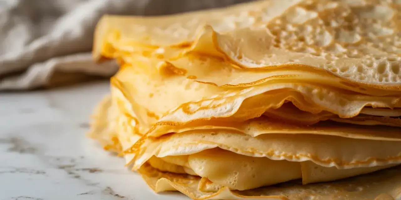 Pile de crêpes dorées et fines, parfaites pour un petit-déjeuner gourmand. Ces crêpes sans lait sont légères et délicieuses.