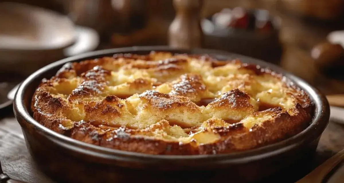 Un délicieux pain perdu doré et croustillant, saupoudré de sucre glace, dans un plat en terre cuite.