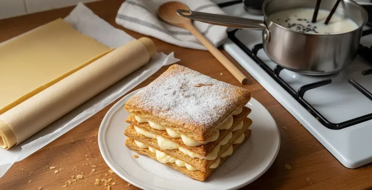 Un mille-feuille prêt à être dégusté, avec de la pâte feuilletée et de la crème pâtissière. On se demande si peut on faire un mille-feuille la veille pour un plaisir garanti.