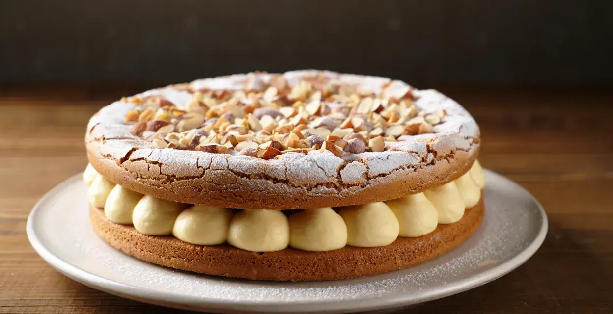 Dacquoise aux amandes et crème pâtissière. On peut faire une dacquoise la veille, elle sera parfaite pour ce gâteau !