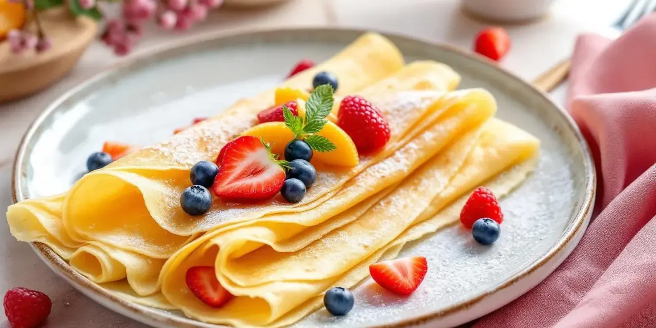 Crêpes dorées garnies de fruits rouges et de menthe, parfaites pour une recette pâte à crêpe facile sans repos.