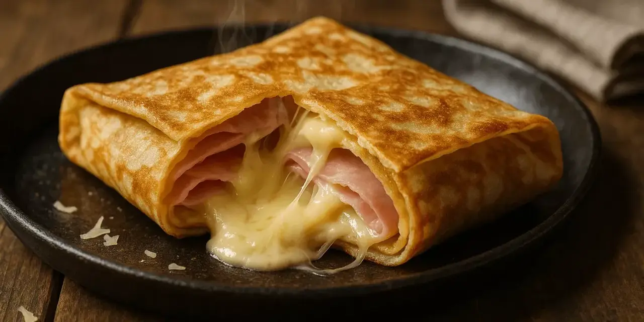 Crêpe garnie de jambon et de fromage fondant, dégageant une vapeur appétissante. Un délice simple et réconfortant.