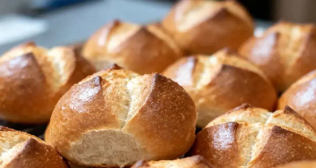 Une fournée de petits pains allemands dorés et croustillants, prêts à être dégustés.