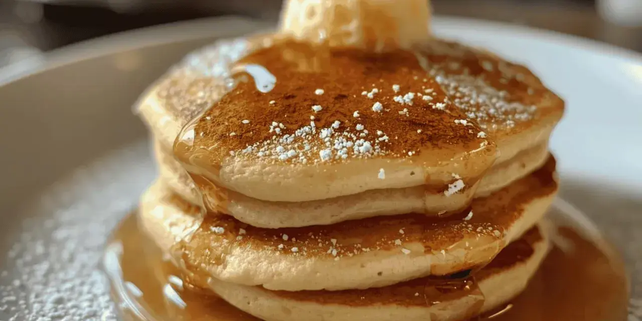 Pile de pancakes moelleux, nappés de sirop d'érable et saupoudrés de sucre glace. Une recette de pancakes qui fait saliver !