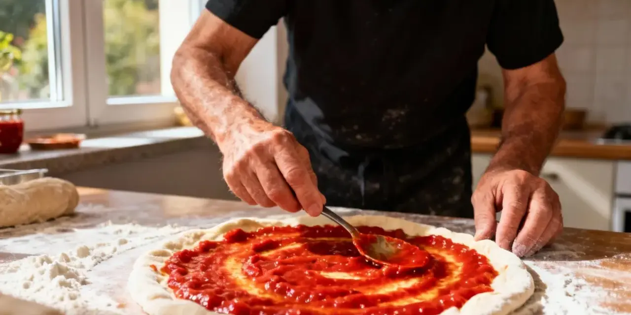 Un homme prépare une pizza, étalant un coulis de tomates sur la pâte avec une cuillère. La farine est saupoudrée sur la table.