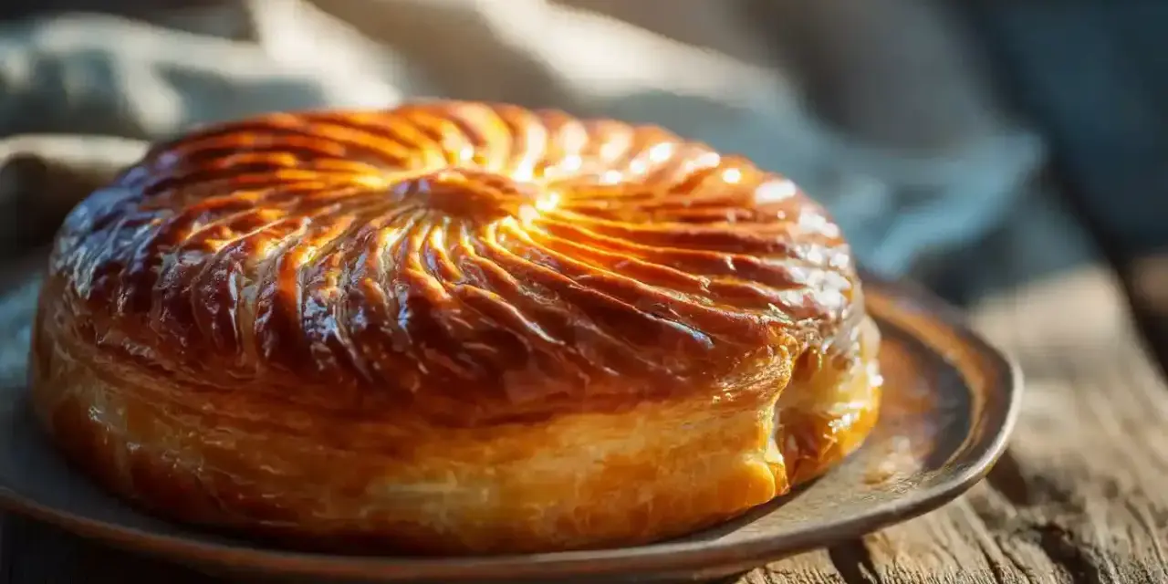 Un délicieux pithiviers gateau doré, aux feuilletages brillants, prêt à être dégusté sur une table en bois rustique.