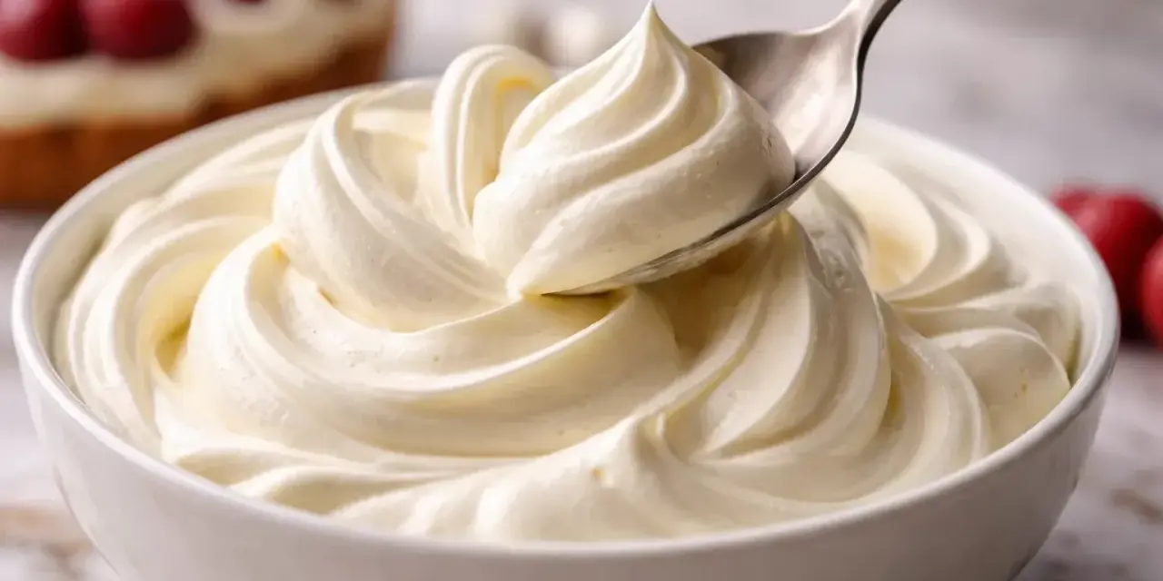Une cuillère prélève une portion de chantilly mascarpone onctueuse dans un bol blanc. Des fruits rouges sont visibles en arrière-plan.