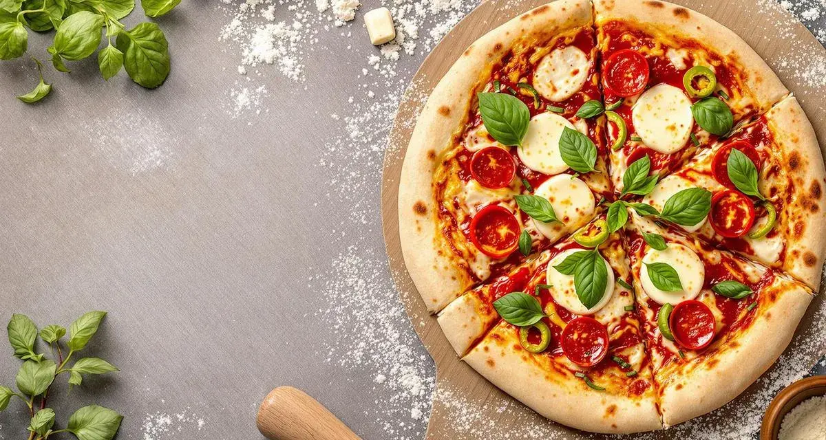 Une délicieuse pizza Margherita, fraîchement sortie du four, sur une planche à pizza. La pâte à pizza est dorée et garnie de tomates, mozzarella et basilic.