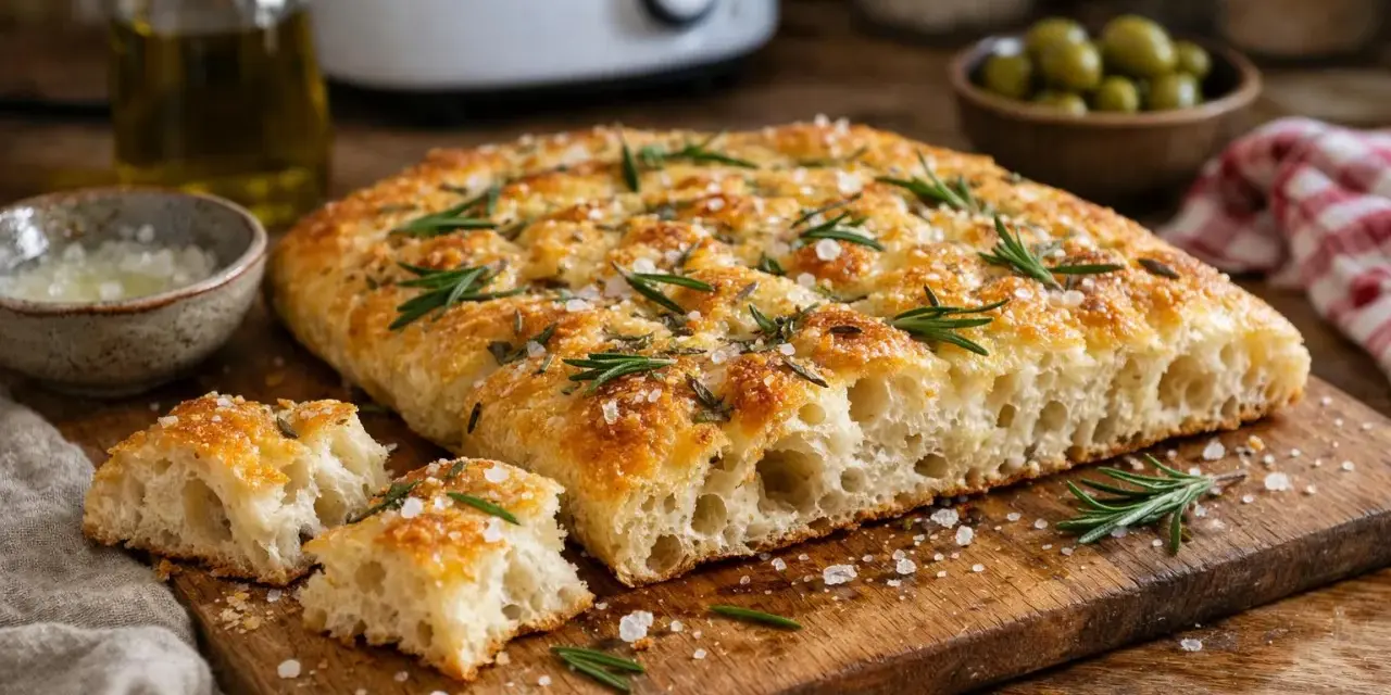Une focaccia dorée, garnie de romarin frais et de gros sel, prête à être dégustée. Une recette simple pour un pain savoureux.