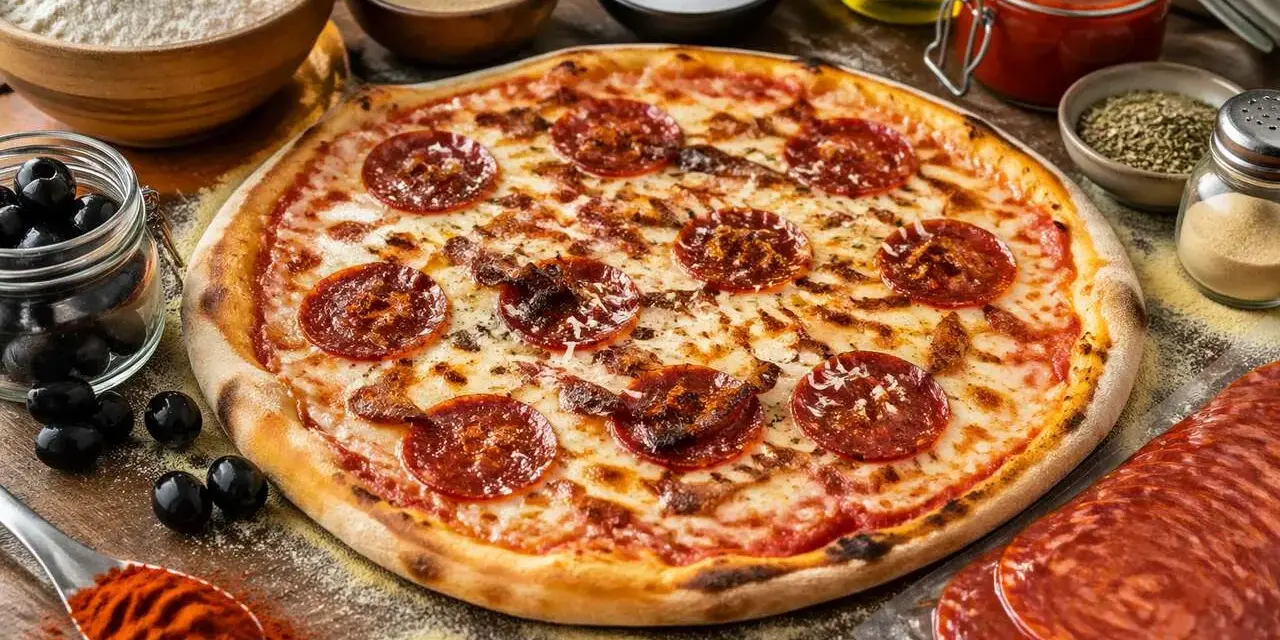 Pizza chorizo appétissante, garnie de rondelles de chorizo croustillantes, entourée d'ingrédients frais pour une création parfaite.