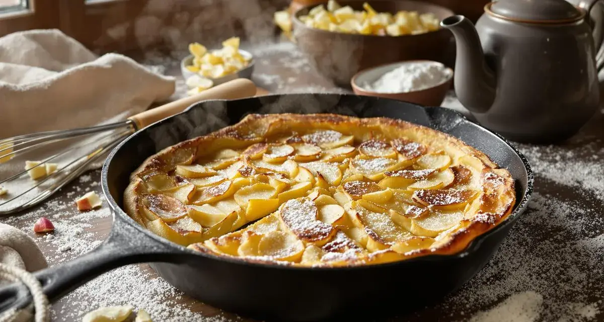 Un matefaim de grand-mère aux pommes, tout juste sorti du four, saupoudré de sucre glace. Une gourmandise réconfortante.