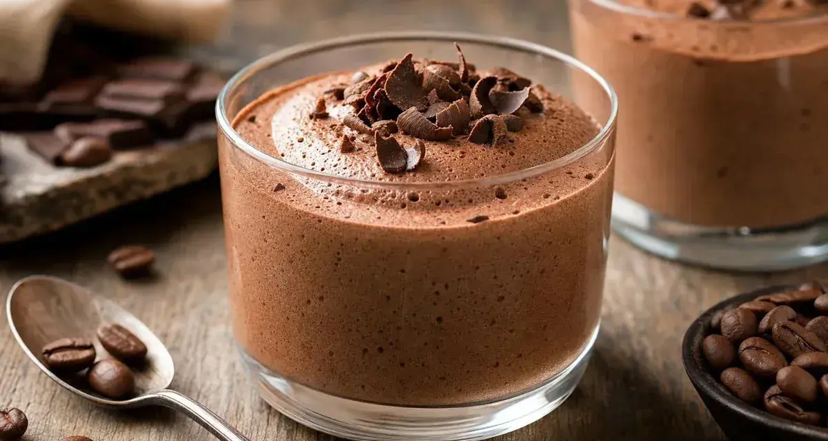 Délicieuse mousse au chocolat aérienne, garnie de copeaux de chocolat. Des grains de café et du chocolat noir sont disposés autour.