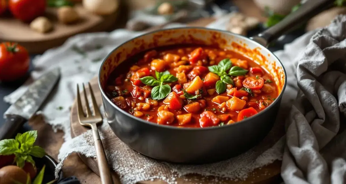 Une poêle remplie de sauce tomate maison, garnie de basilic frais. Des tomates et des herbes sont disposées autour.