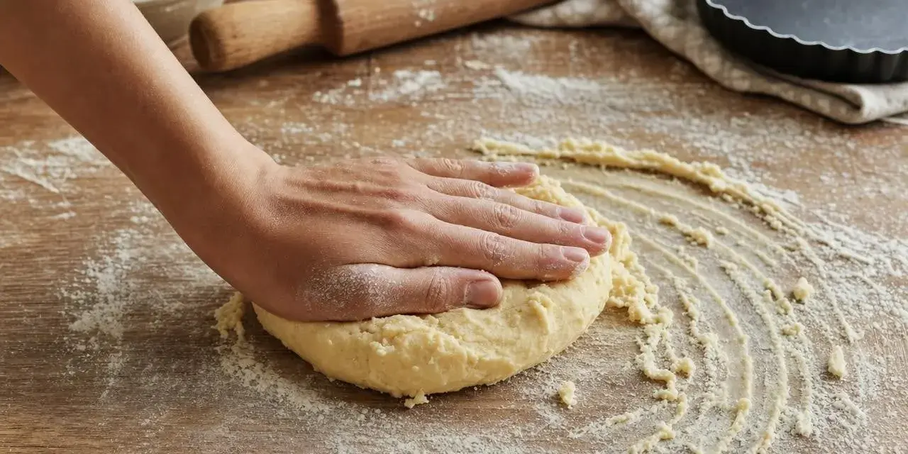 Main d'une personne travaillant une pâte brisée sur une table en bois, entourée de farine, d'un rouleau et d'un moule à tarte.