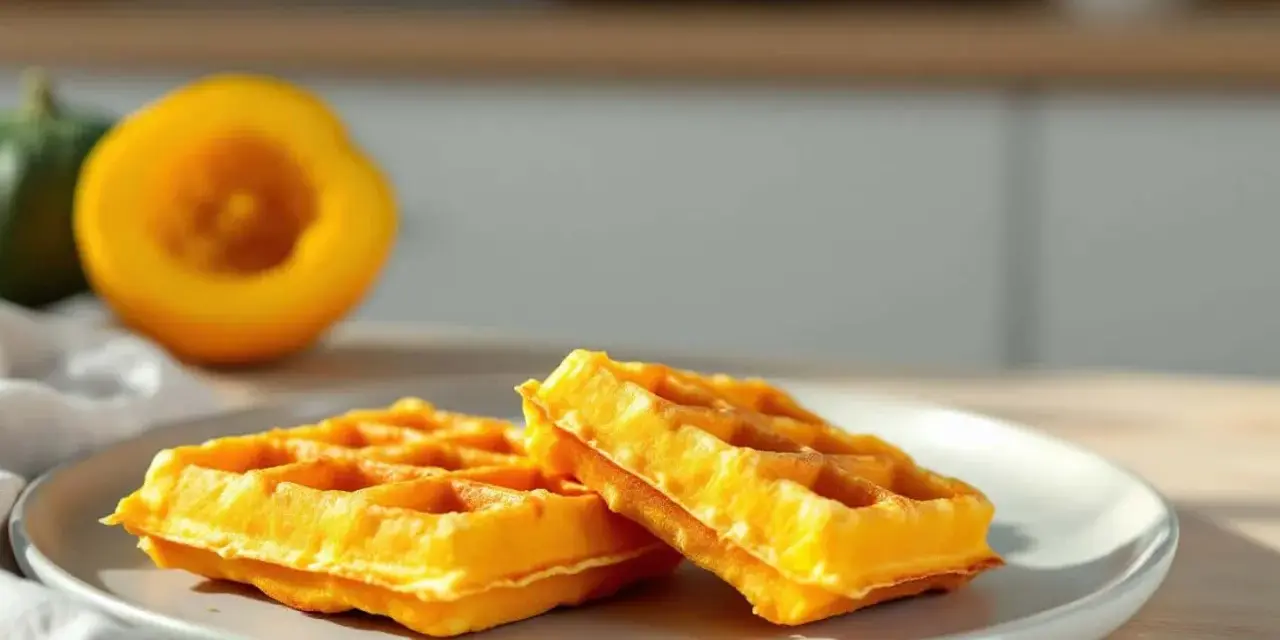 Deux gaufres lyonnaises dorées sur une assiette, avec une courge coupée en deux en arrière-plan.