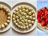 Étapes de décoration d'une tarte fraise : une base sablée, une crème pistache en étoiles, puis des fraises fraîches et éclats de pistaches.
