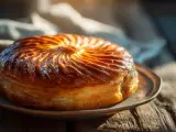 Un délicieux pithiviers gateau doré, aux feuilletages brillants, prêt à être dégusté sur une table en bois rustique.