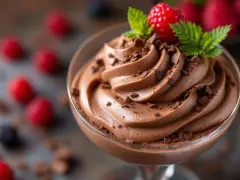 Une coupe de mousse au chocolat onctueuse, garnie de copeaux de chocolat, d'une framboise et de menthe. Parfait pour une recette mousse au chocolat onctueuse.