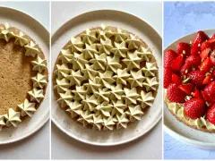 Étapes de décoration d'une tarte fraise : une base sablée, une crème pistache en étoiles, puis des fraises fraîches et éclats de pistaches.