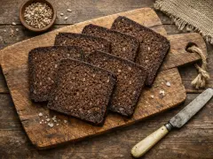 Tranches de pumpernickel sur une planche en bois, prêtes pour une délicieuse recette. Un bol de graines et un couteau complètent la scène rustique.