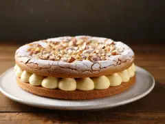Dacquoise aux amandes et crème pâtissière. On peut faire une dacquoise la veille, elle sera parfaite pour ce gâteau !