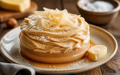 Gâteau crémeux avec chantilly chocolat blanc, garni de copeaux dorés et saupoudré de sucre glace. Un délice visuel et gustatif.
