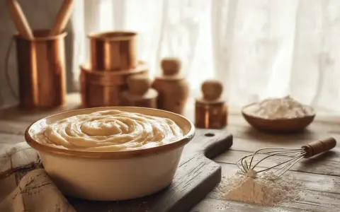 Un bol de pâte à beignets crémeuse, prêt à être cuisiné. Farine et fouet à proximité.