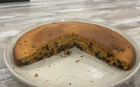 Gâteau chocolat compote, moelleux et parsemé de pépites, prêt à être dégusté.