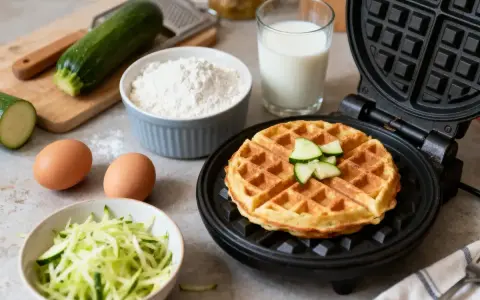 Gaufre courgette dorée dans un gaufrier, entourée d'ingrédients : courgettes râpées, œufs, farine et lait.