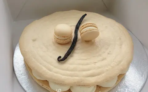 Un délicieux gâteau macaron à la vanille, orné de deux petits macarons et d'une gousse de vanille.