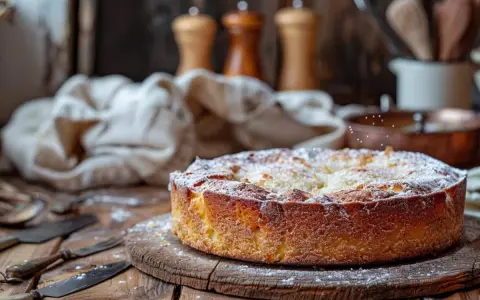 Un délicieux gâteau breton, saupoudré de sucre glace, repose sur une planche en bois. Des couverts anciens sont disposés à côté.