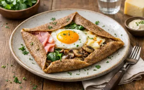 Une galette garnie d'un œuf au plat, de jambon, de champignons et d'épinards. Un délice de crêpes salées !