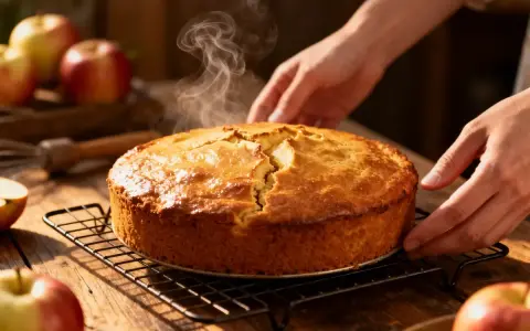 Un délicieux quatre-quarts fumant, tout juste sorti du four, avec des pommes en arrière-plan.