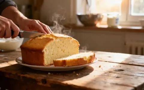 Un délicieux gâteau au yaourt, encore chaud, est coupé en tranches sur une table en bois rustique. La vapeur s'échappe doucement du gâteau.