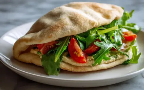Sandwich pita garni de houmous, roquette et tomates. Une recette simple et savoureuse.
