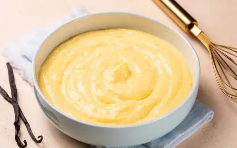Un bol de crème pâtissière onctueuse, parsemée de points de vanille, avec des gousses de vanille et un fouet doré à proximité.