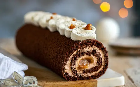 Une délicieuse buche chocolat au lait, roulée et garnie de crème onctueuse, prête à être dégustée.