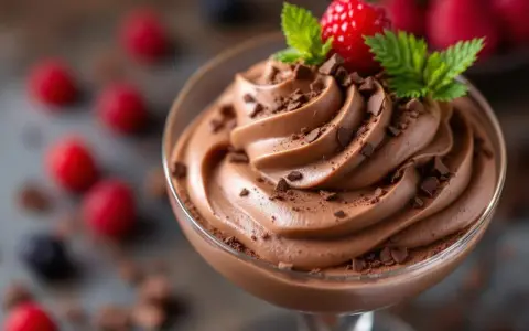 Une coupe de mousse au chocolat onctueuse, garnie de copeaux de chocolat, d'une framboise et de menthe. Parfait pour une recette mousse au chocolat onctueuse.