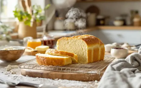 Un pain de mie doré et moelleux, encore chaud, est tranché sur une grille. Des pots de confiture et du beurre sont à proximité, prêts pour un petit-déjeuner gourmand.