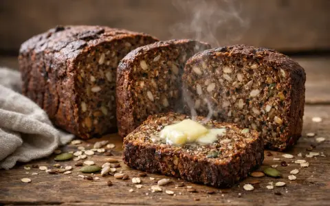 Tranche de pain nordique recette, garnie de beurre fondant et de vapeur s'échappant. Des graines et des flocons d'avoine parsèment la planche en bois.