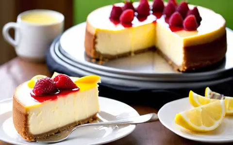 Une part de cheesecake crémeux, garnie de framboises et de coulis, parfaite pour une recette de cheesecake réussie.