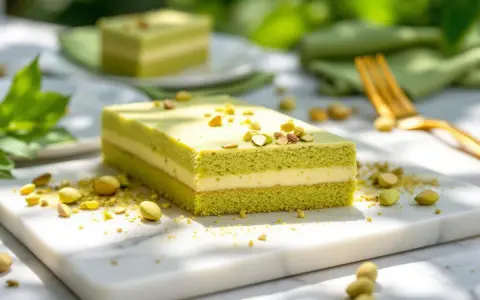 Un délicieux entremet pistache, aux couches aériennes et garni de pistaches concassées, prêt à être dégusté.