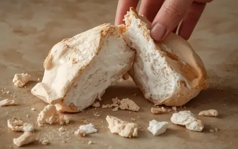 Une main casse une meringue aérienne, parfaite pour une recette meringue. Des miettes tombent sur le plan de travail.