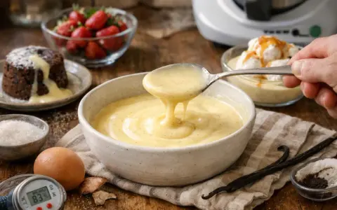 Crème anglaise onctueuse, la recette grand-mère parfaite pour accompagner un moelleux au chocolat ou des fruits rouges.
