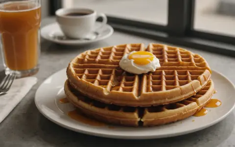 Gaufres dorées nappées de sirop, surmontées d'un œuf poché. Une tasse de café et un verre de jus complètent ce petit-déjeuner gourmand, parfait pour une recette gaufre réussie.
