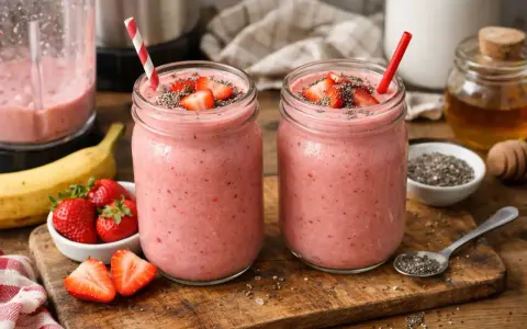 Deux jolis pots de smoothie fraise, garnis de fruits frais et de graines de chia. Un délice fruité prêt à être dégusté !