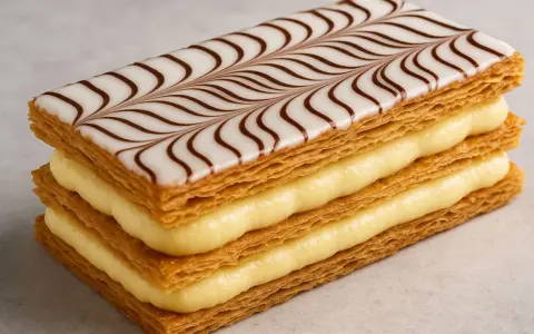 Une délicieuse feuille en pâtisserie, empilée avec de la crème pâtissière et décorée de glaçage blanc et chocolat.