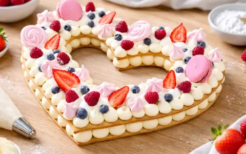 Un magnifique number cake licorne en forme de cœur, garni de fruits rouges, de macarons roses et de crème onctueuse.